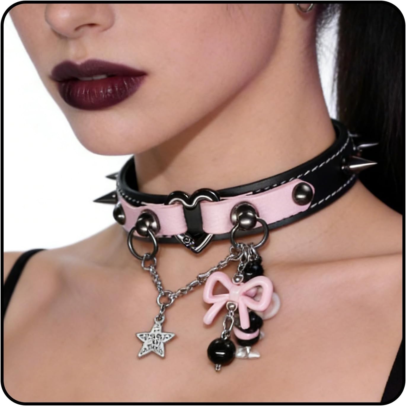 Handmade Genuine Leather Spiked Choker Necklace Black Pink Layered Heart Bow Collar Jewelry Gift for Women