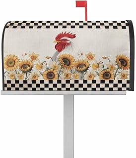 Farmhouse Mailbox Covers Magnetic Standard Size 21" x 25.5" Vintage Farm Chicken Sunflowers Black Plaid Linen Magnetic Post Letter Box Cover Waterproof Wrap Mailbox Decoration for Yard Garden Outdoor