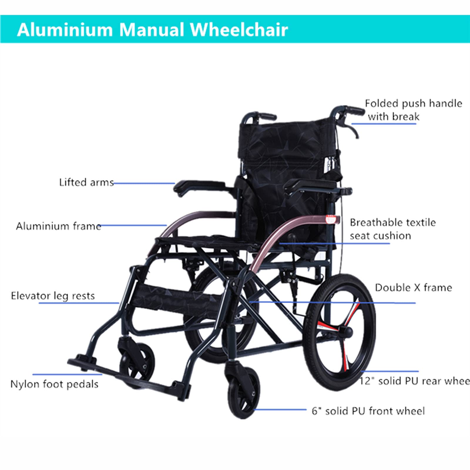 Silla de Ruedas Manual Ultraligera ergonómica, Silla de Ruedas Manual Plegable de Aluminio para discapacitados
