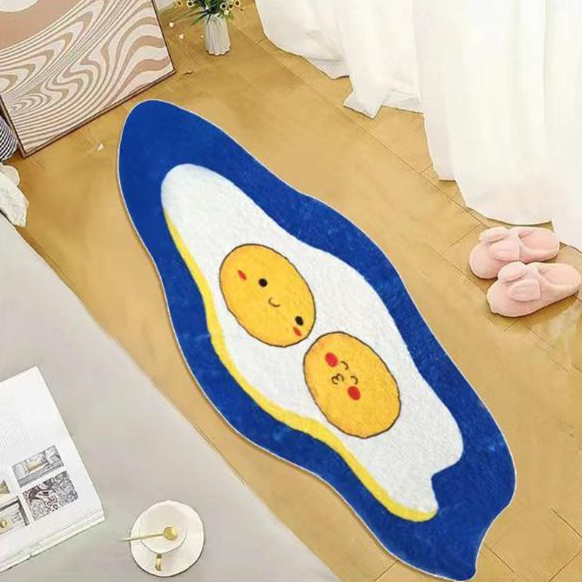 Tapis de bain œuf poché bleu grand format lavable et absorbant