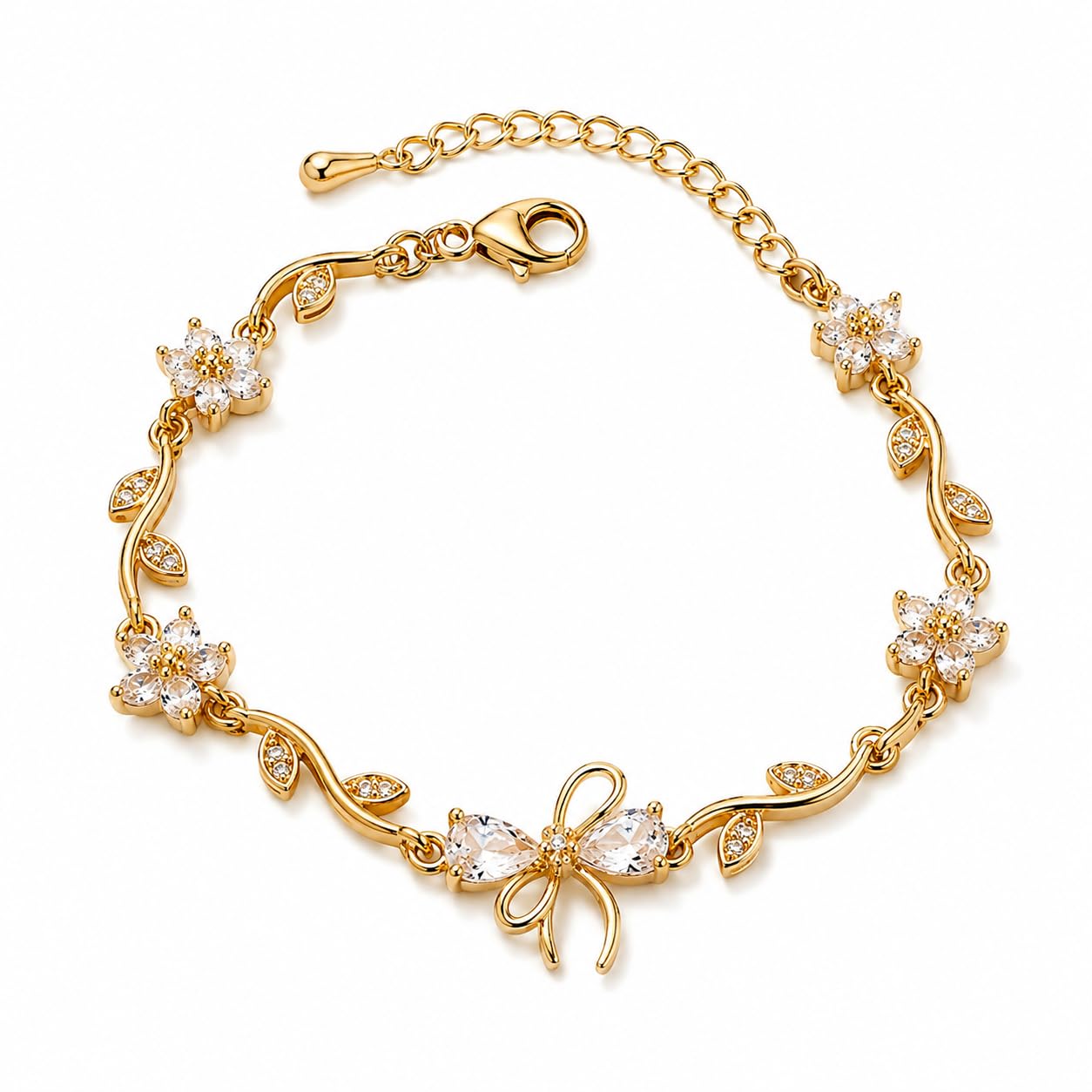 White CZ Diamond Bow Tulip Bracelet for Women & Girls | 18k Gold Plated Floral Charm Bracelet with Crystal Stones | Adjustable Elegant Korean Style Fashion Jewellery-image-30
