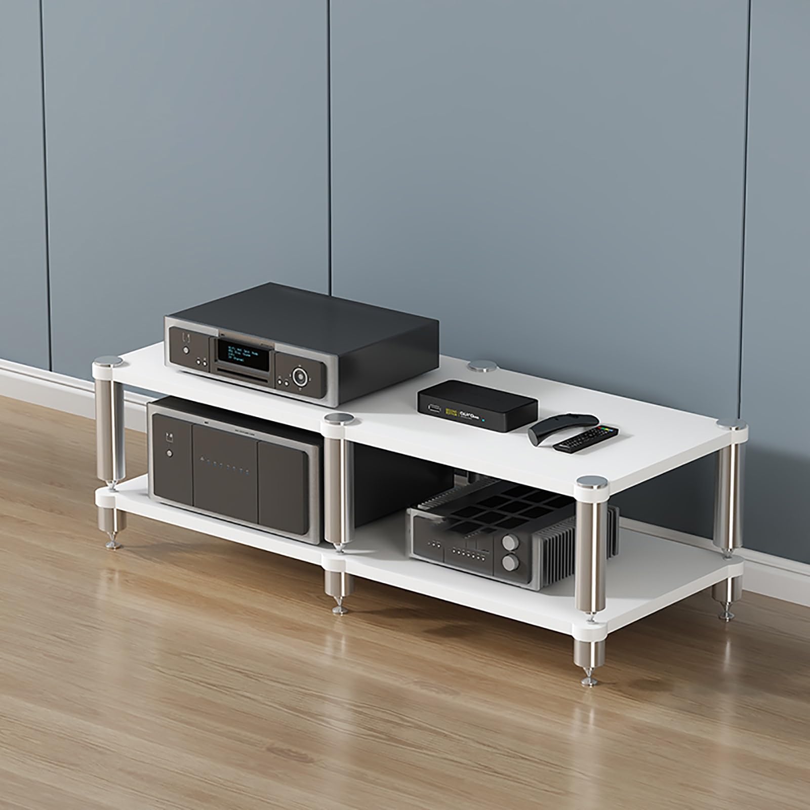 Scaffale portatile da gioco e supporto multimediale, torre rack audio per proiettore, lettore DVD, console di gioco e decoder via cavo, elegante soluzione di archiviazione AV (bianco, 120 x 48 x 42 cm