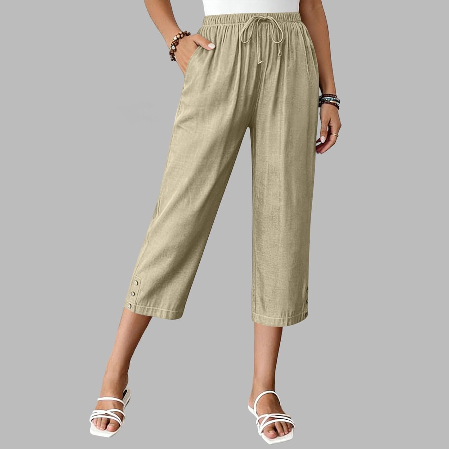 Women's Wide Leg Capri Pants Drawstring High Waisted Summer Beach Vacation Casual Lounge Trousers with Pockets