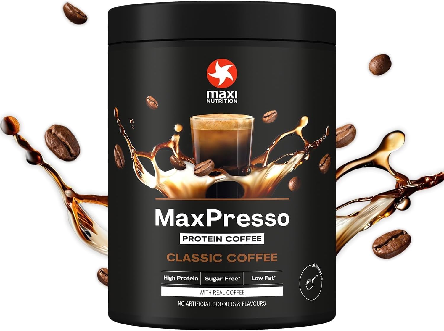 MaxiNutrition MaxPresso Coffee Classic 300g, Protein Kaffee, Whey Coffee Pulver, 21g Eiweiß pro Portion, Zuckerfrei & fettarm, Warm & kalt genießbar