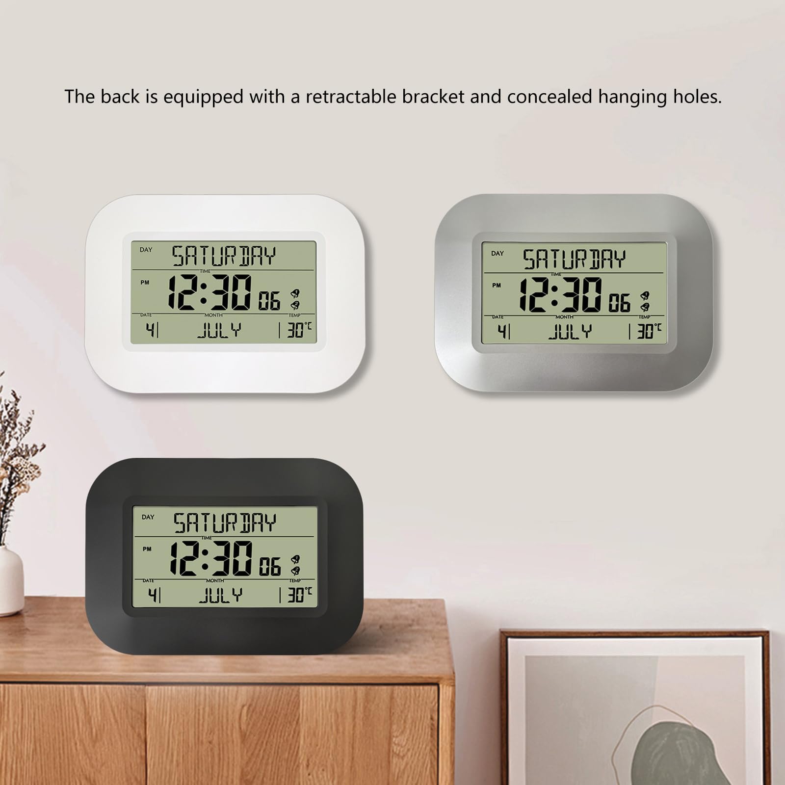 Greabuy Reloj digital contemporáneo con calendario y pantalla de temperatura, 2 alarmas, función de repetición, pantalla LCD, reloj despertador con calendario