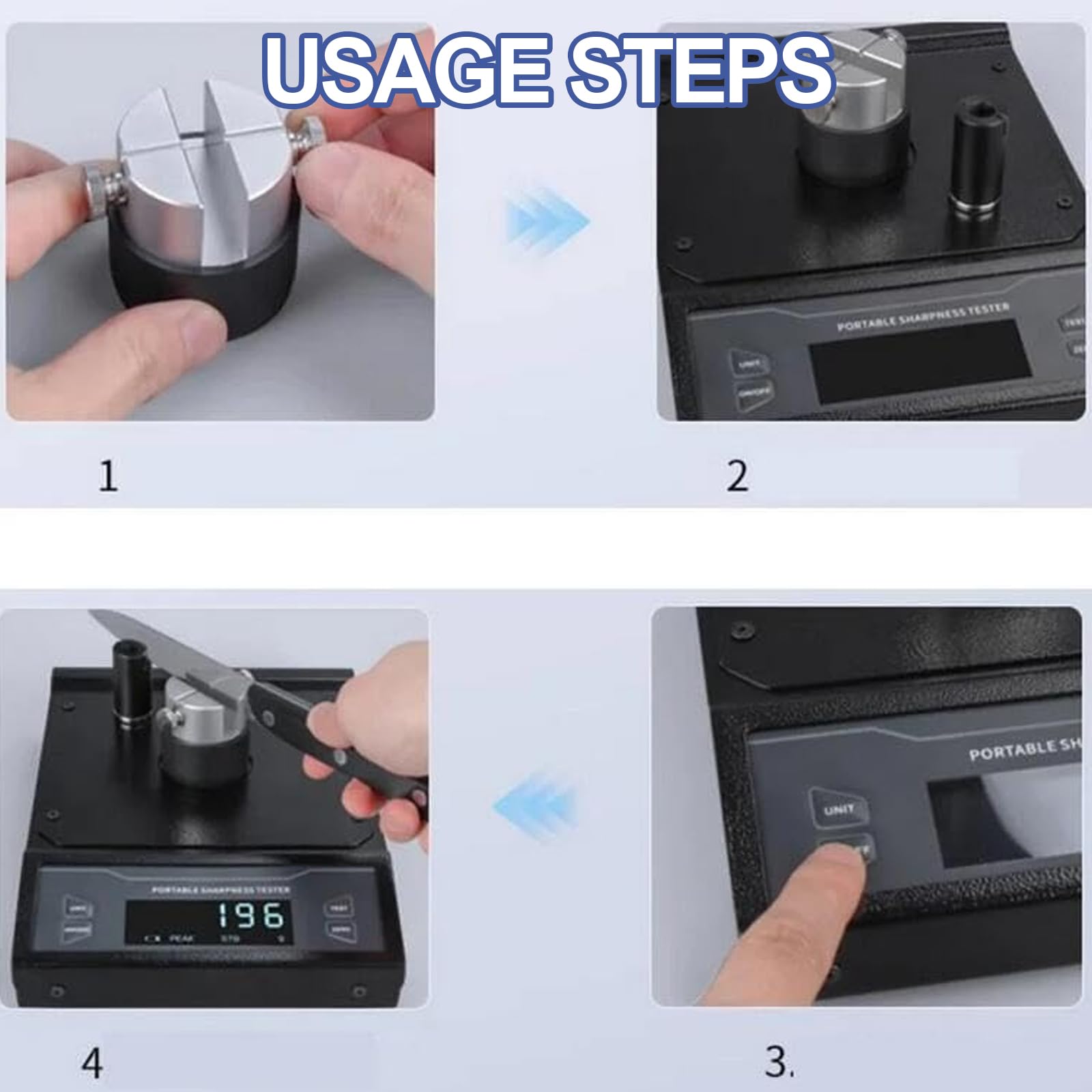 Tester di affilatura della lama, strumento portatile di rilevamento dei bordi con alta sensibilità, assorbimento libero a 360°, risoluzione 1g/0.1g per vari coltelli