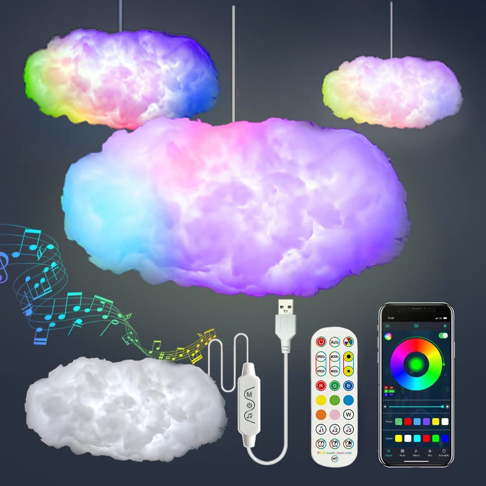 Doeek 3D Big Cloud lightning Light White Multicolor lightning Changing Strip Lights Wireless Remote DIY Decoration Music Sync Smart APP Control USB Ceiling Rainbow Lamp for Adults and Kids