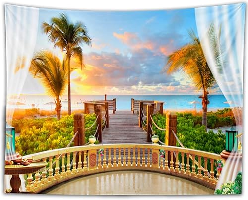Miniatura 6 de BULOR Tapiz tropical de 60 x 40 pulgadas con vista a la playa y balcón tropical, puente de madera, puesta de sol, cortina para colgar en la pared,