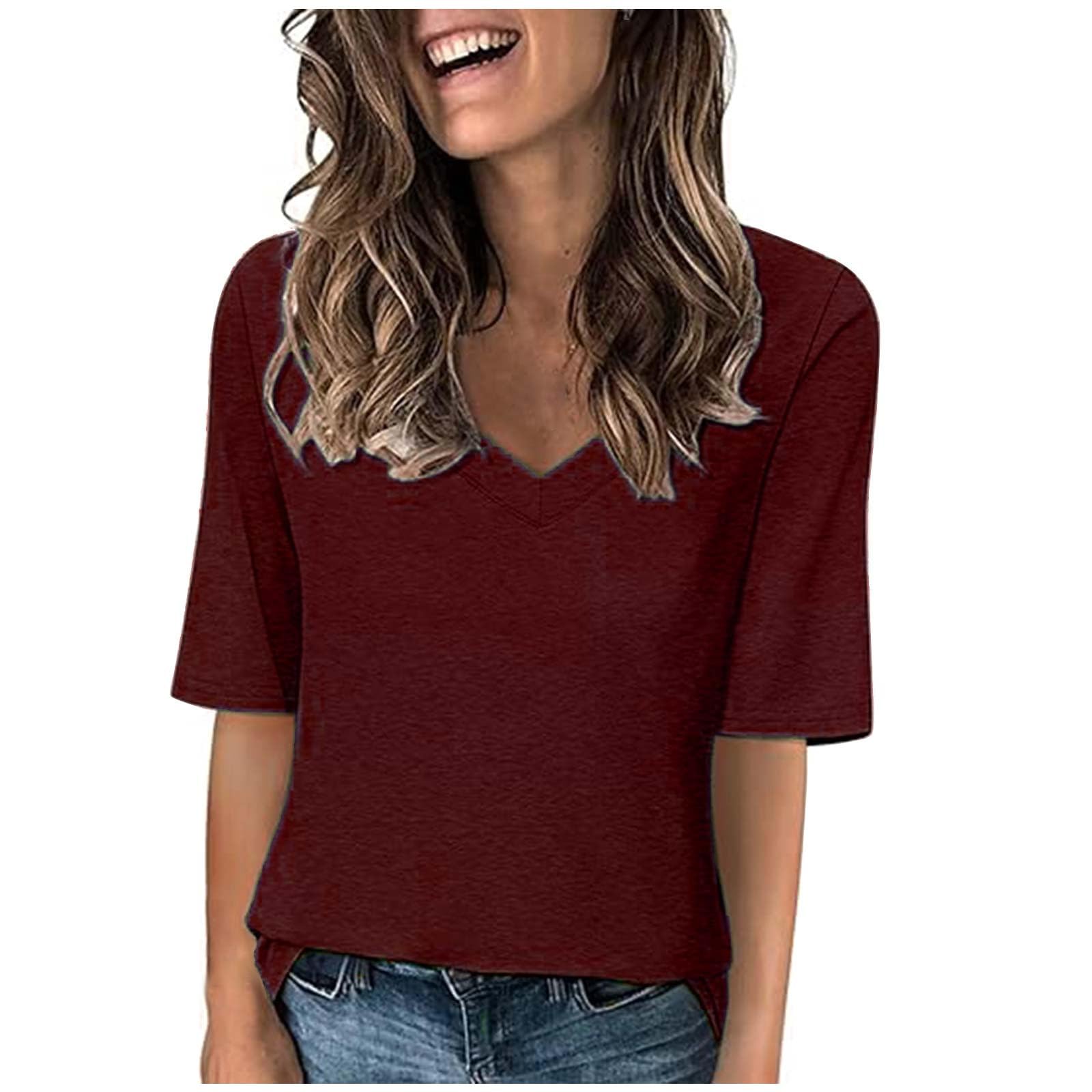 Womens T Shirts Summer Casual V Neck Half Sleeve Tops Loose Basic Tshirts Summer Solid Color 1/2 Sleeve Tunic Tee Shirts Comfy Fit Plain Sport Blouses Ladies Blouses Going Out Tops Daily Wear