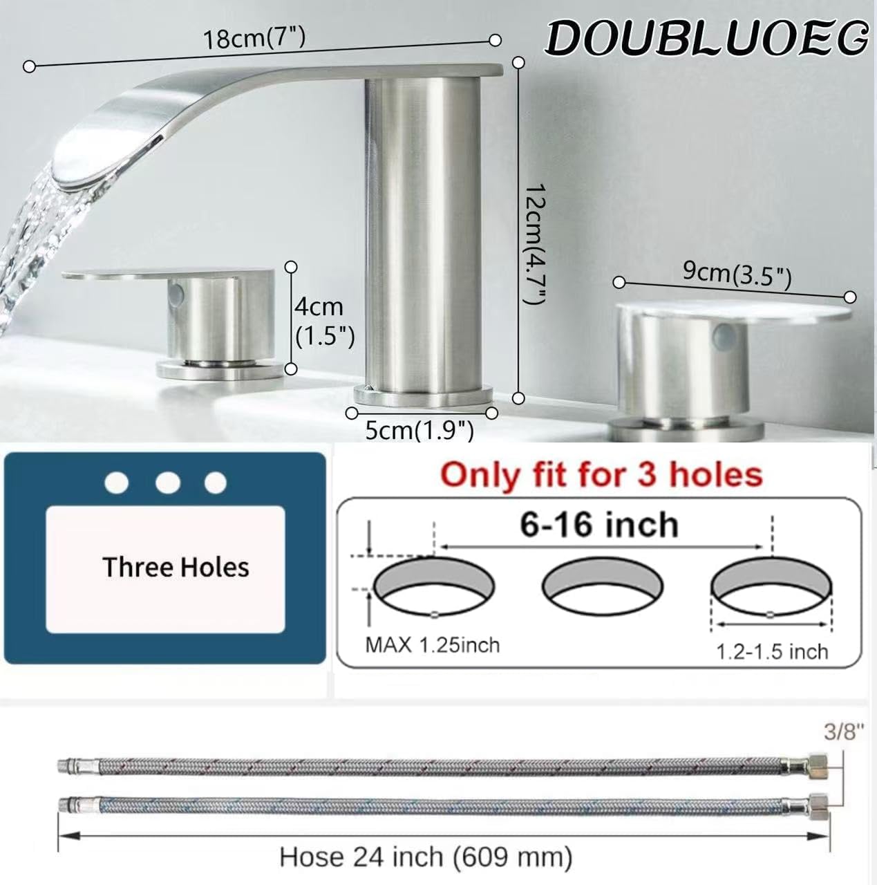 Roman Tub Faucet, High Flow Waterfall 3 Hole Bathtub Faucets Sets Deck Mount Bath Tub Faucet, Brushed Nickel