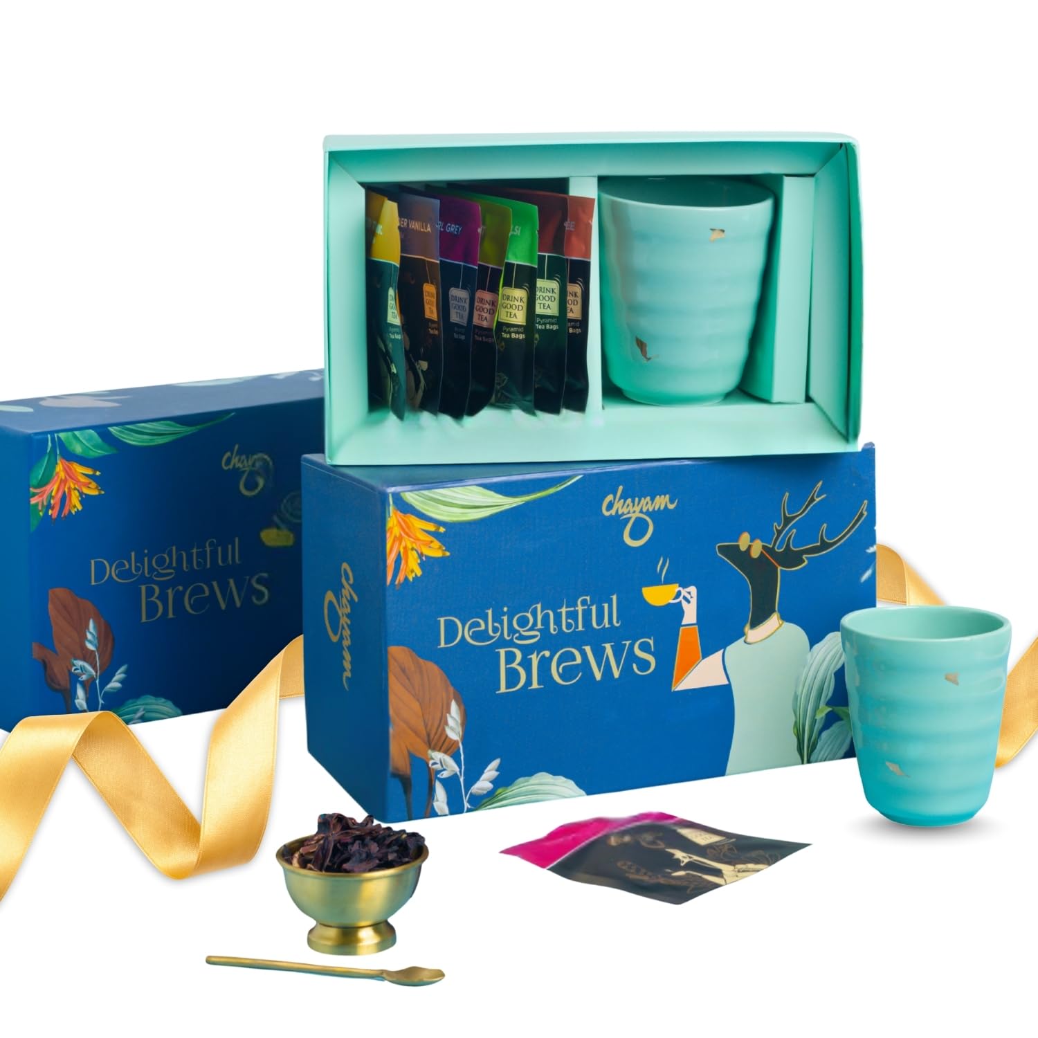 Delightful Brews Tea Gift Set with Cup | 12 Assorted Tea Bags & Elegant Gold-Accented Ceramic Kulhad | Tea Hamper for Corporate Gifting | Wedding, Anniversary & Birthday Gift | Tea Sampler Gift Pack