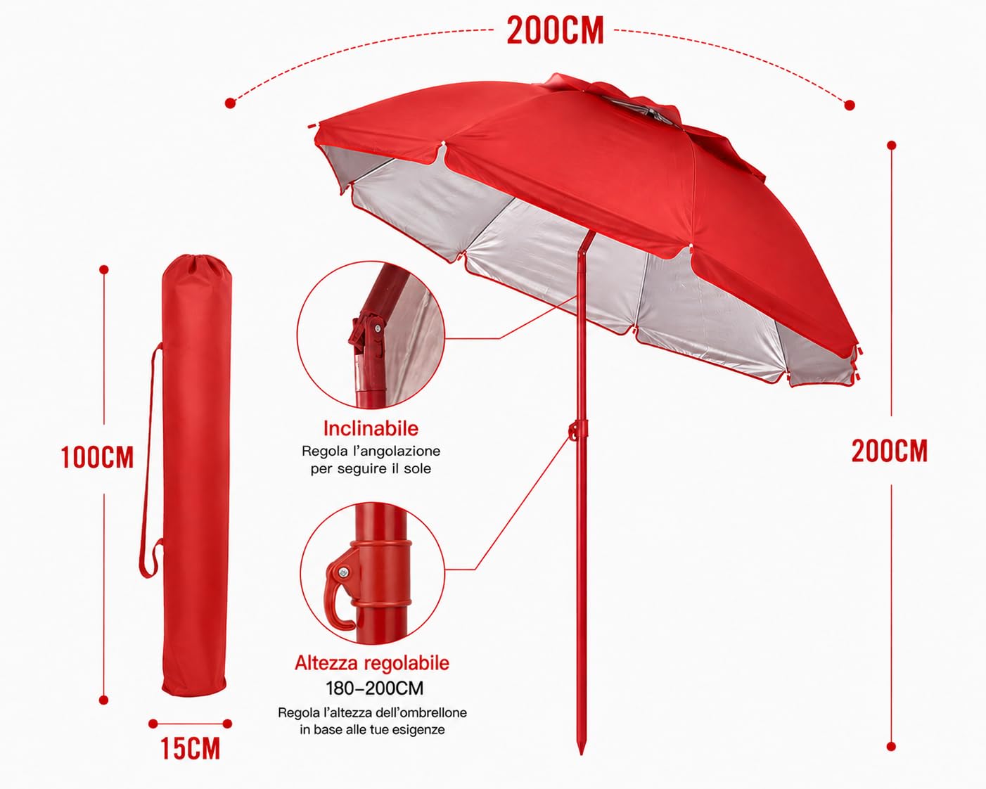 WENZO Ombrellone da Spiaggia 200 cm Antivento con Borsa, Palo Acciaio 28/32 mm, 8 Stecche in Fibra di Carbonio, Protezione UV Interna Argentata, per Spiaggia Giardino Campeggio