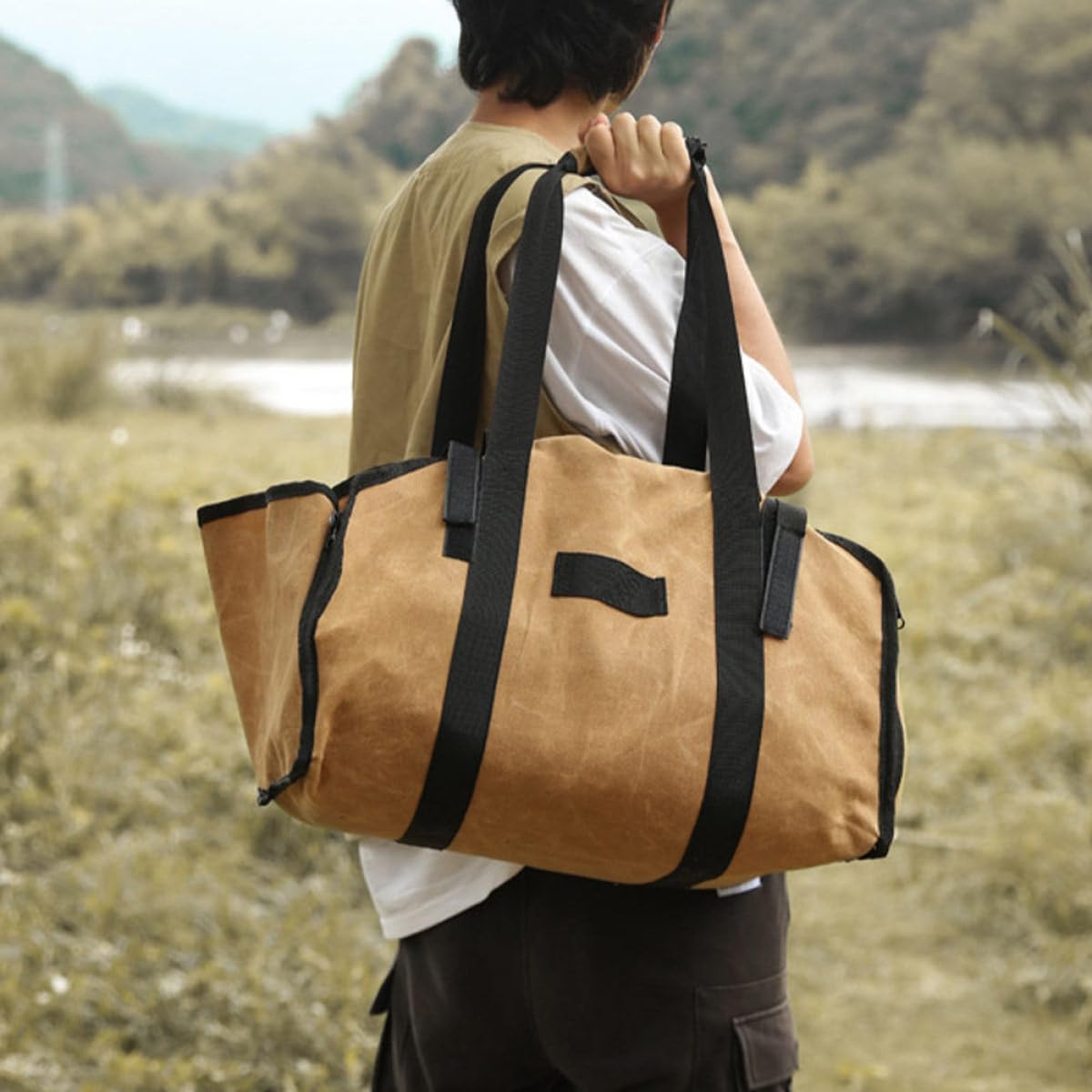 STOBAZA Large-Capacity Firewood Carrier Bag with Handles, Sturdy Canvas Log Holder and Wood Storage Tote for Outdoor Camping and Indoor Fireplace Use