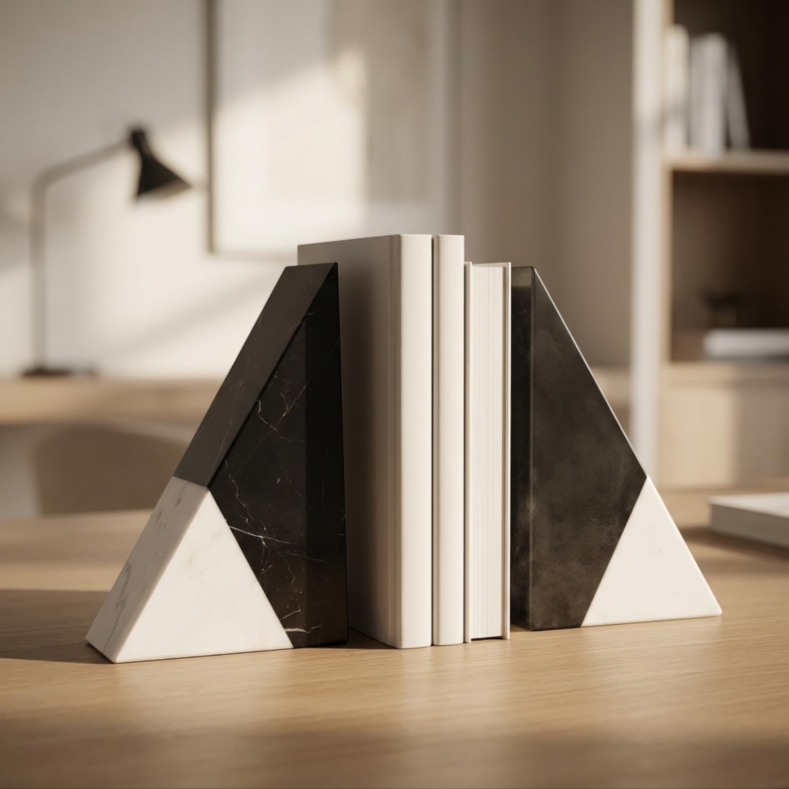 Colcolo Sujetalibros de Mármol Triangulares de Piedra Pesa ; Caras Inclinadas y Veteado Natural Aporta Estilo Galería y Mantiene Literatura Erguida en, Color to 1