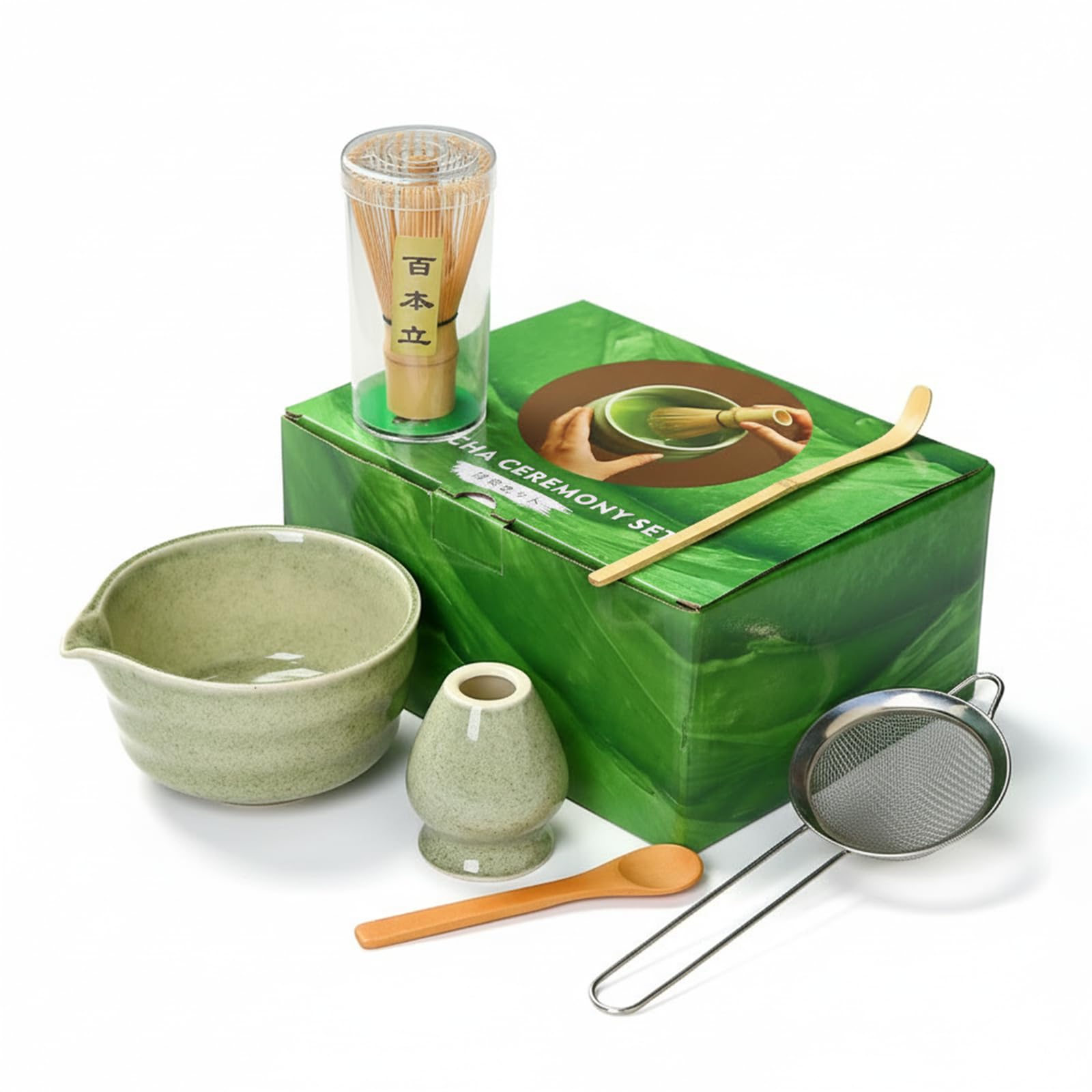 JCSZJSWK with 100% Chasen Matcha Set, Tea Ceremony Set, Set of 6 Pieces, Matcha Bowl, Chasen, Supervised by Artisans, Professional Matcha Experience, Mother's Day, Father's Day, Popular Gift (Light Gr