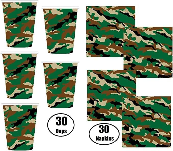 Serves 30 | Complete Party Pack Camouflage Party Supplies 9" Dinner Paper Plates 7" Dessert Paper Plates 12 oz Cups 3 Ply Napkins 1 Happy Birthday Banner 20 Photo Props 2 Table Cover Camouflage Themed Birthday Party Supplies