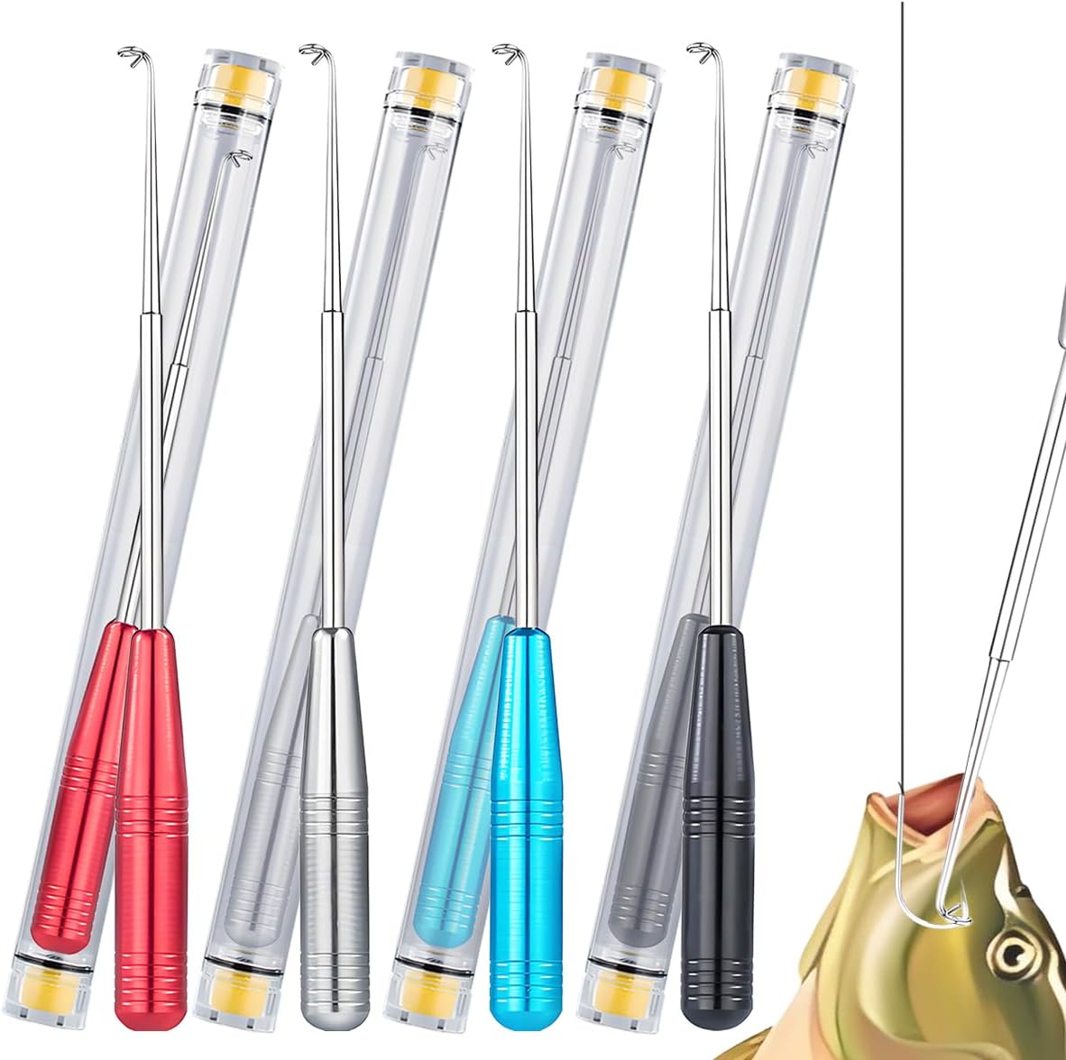 4PCS Fish Hook Remover Tool – Stainless Steel Fishing Hook Remover, Quick Removal Extractor with Storage Tube, Essential Fishing Gear and Equipment for Anglers