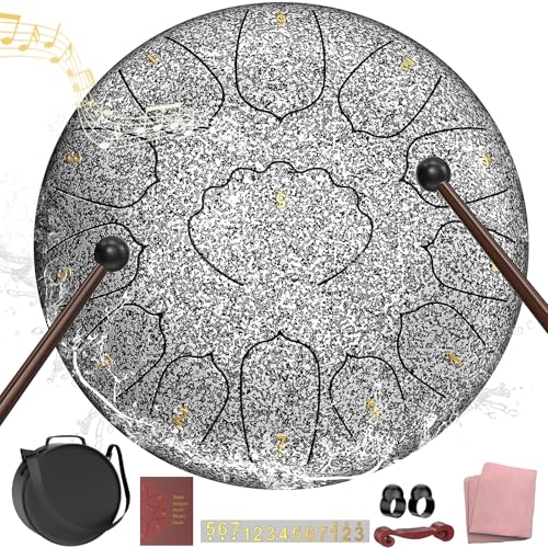 Image of D Major Steel Tongue Drum Handpan, 12 Inch 13 Note Rain Drum for Outside Garden, Meditation Rain Chime, Musical Percussion Instrument for Adult Gift with Bag, Music Book, Drum Mallets (Star Sliver)