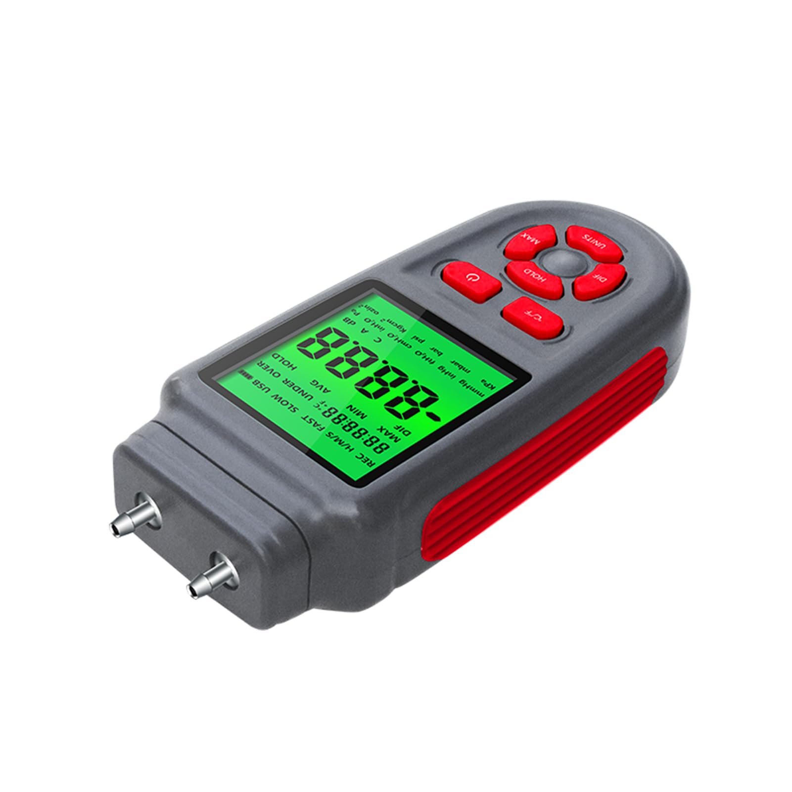 Manometro digitale a doppia porta con display LCD retroilluminato, misurazione della temperatura, alimentazione tramite USB o a batteria, ideale per applicazioni HVAC e indust