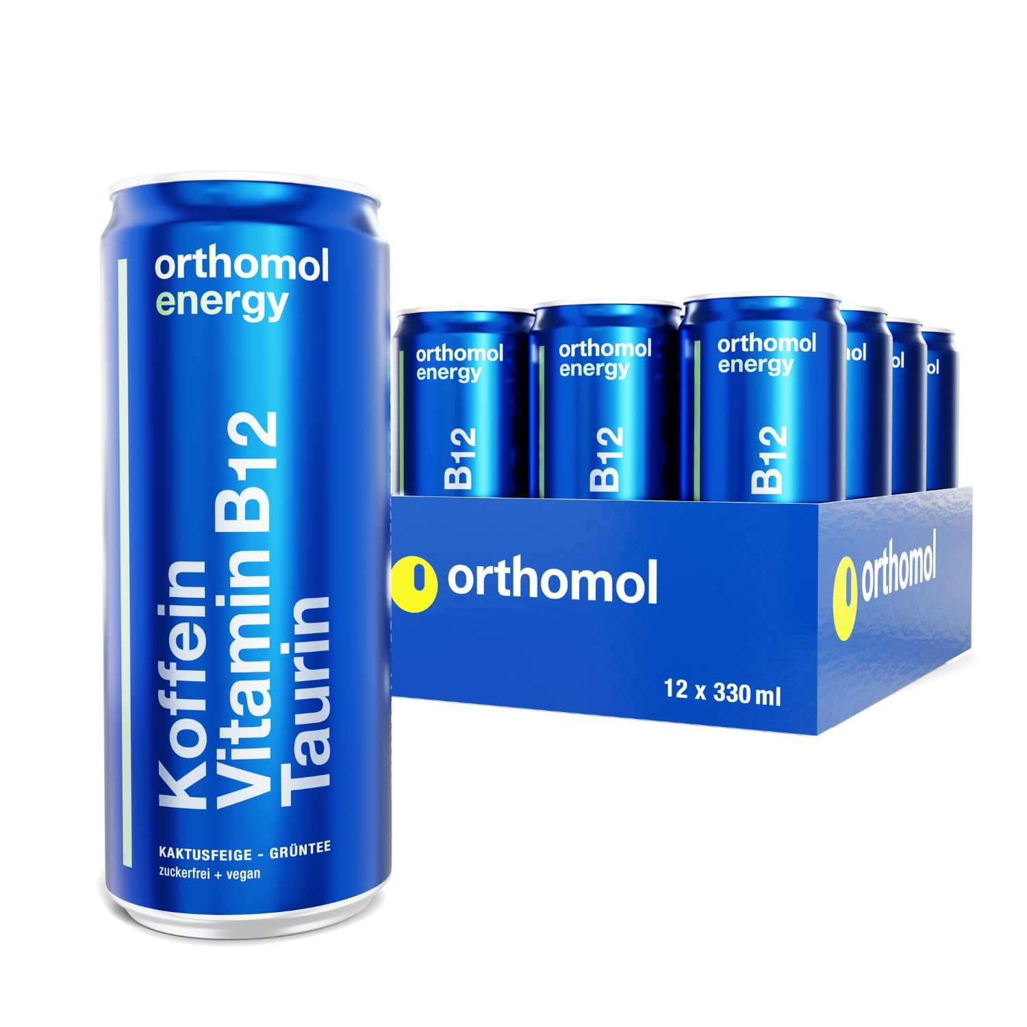 Orthomol Energy Drink: 105 mg Koffein, Taurin, hochdosiertes Vitamin B12 und weitere energiebringende Vitamine sowie BCAAs – Vegan, zuckerfrei, Kaktusfeige-Grüntee, 12 x 330 ml Dose
