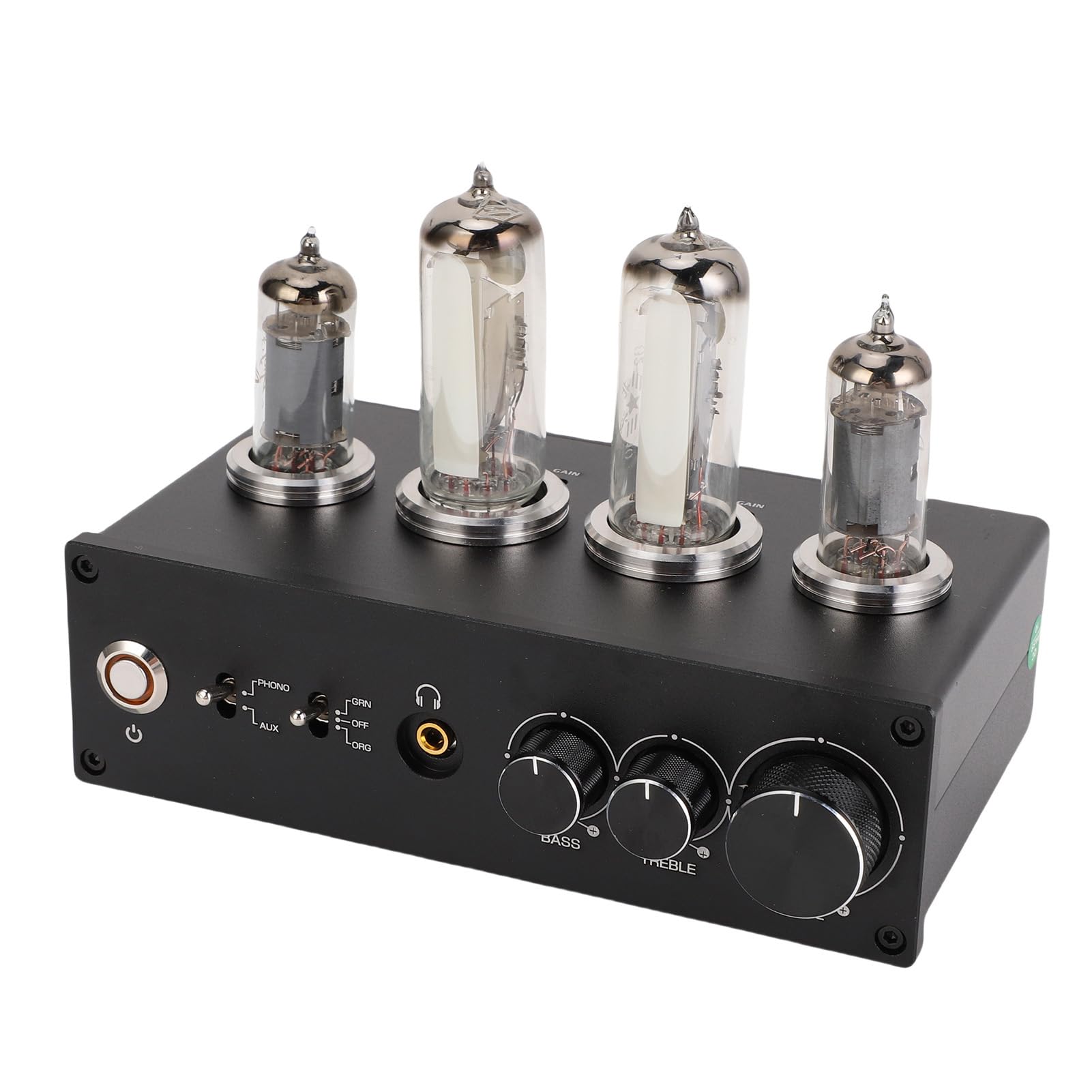 AUNMAS Preamplificatore Fono Valvolare Elettronico, Preamplificatore Audio Stereo HiFi con Jack per Cuffie da 3,5 MM e Controllo dei Bassi Acuti, per Giradischi MM MC (Spina UE 100-240 V)