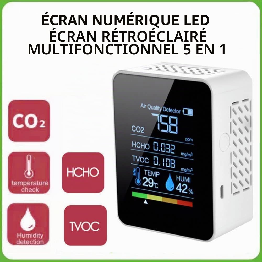Moniteurs de qualité de l'air Professionnels 5 en 1 Détecteur CO2 d'intérieur TVOC HCHO Testeurs avec capteurs de température et d'humidité Analyseurs de qualité de l'air Portables pour la