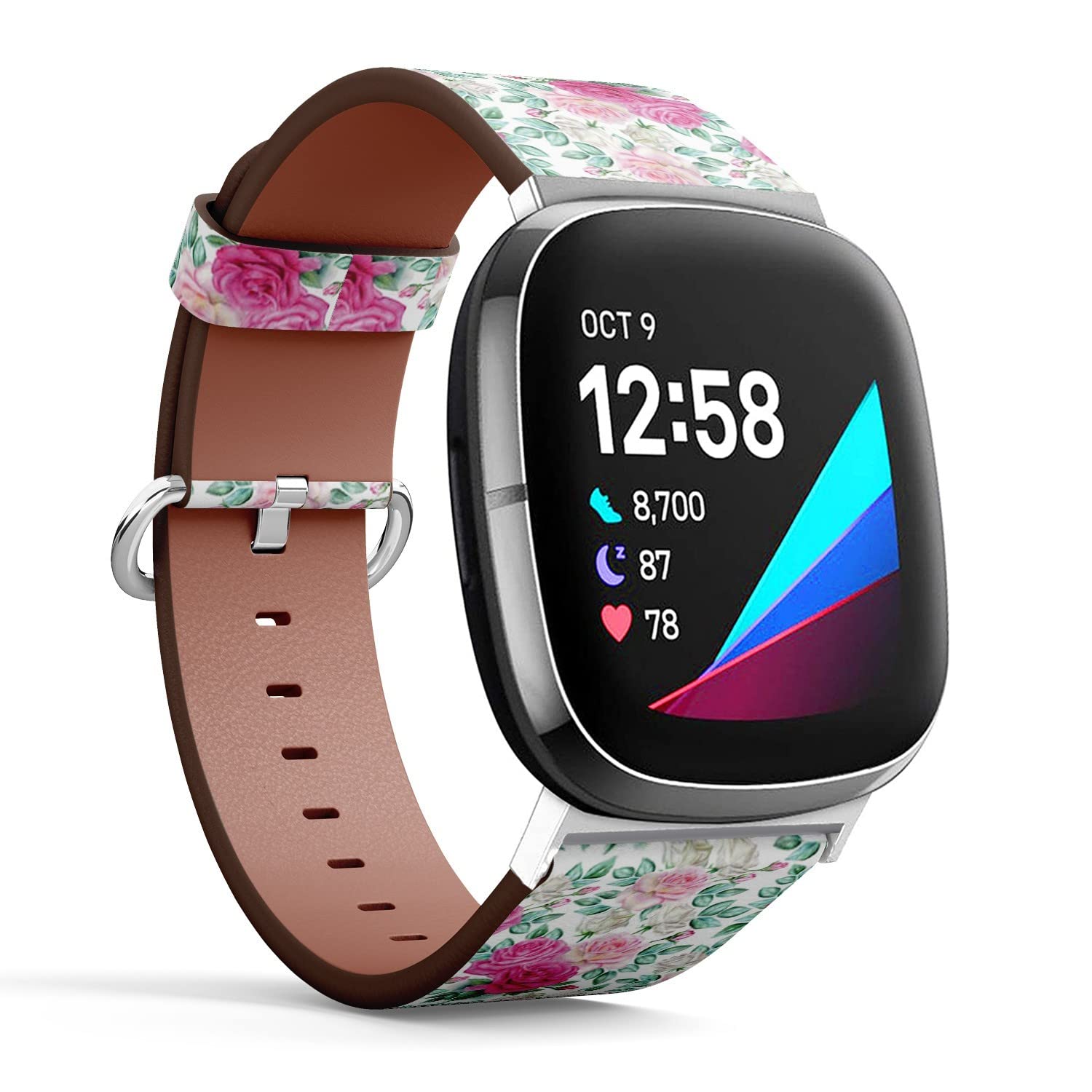 CJBROES Replacement Leather Watch Band, Compatible with Fitbit Versa 3 and Fitbit Sense of Wristband Bracelet Accessory - Watercolor-Roses