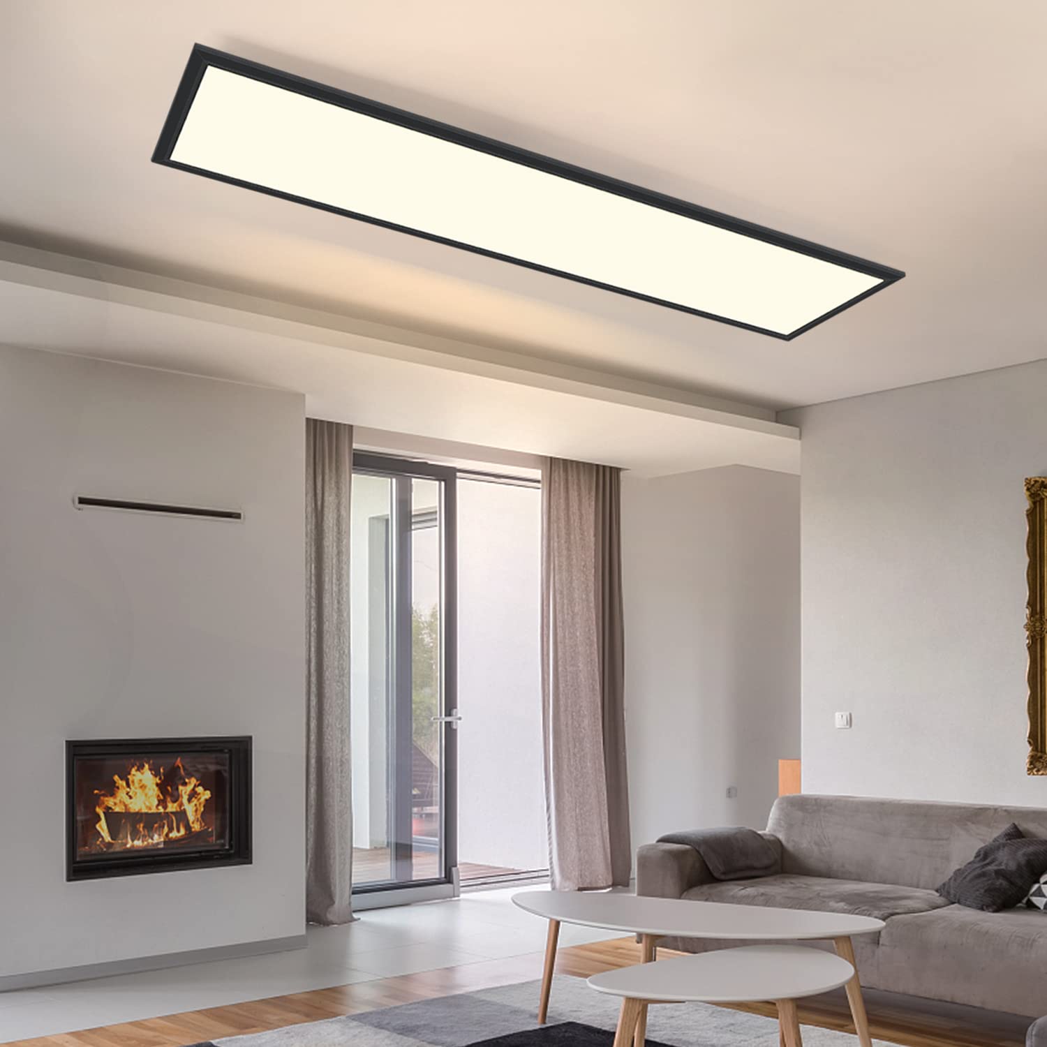 CBJKTX Panel LED Negro Lámpara de Techo Regulable - 120x30CM Lámpara de | Techo Oficina Plana con Control Remoto Lámpara de Salón 48W Lámpara de Cocina Panel de Techo para Cocina Dormitorio Pasillo