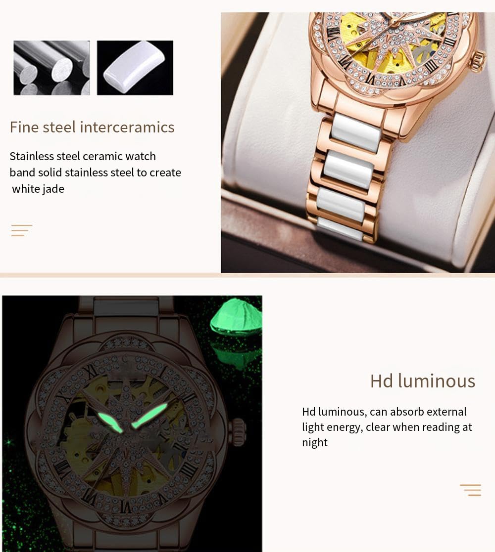 BESTKANG Reloj de pulsera de lujo para mujer, con diamantes de imitación de cerámica, color blanco, reloj mecánico automático para mujer