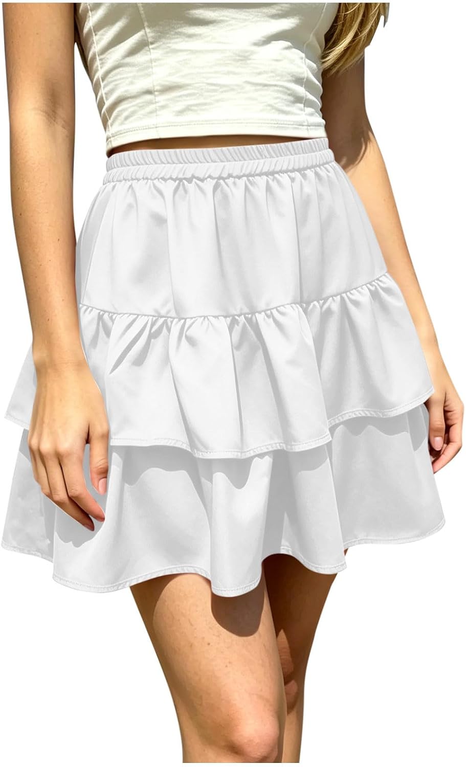 Flowy Skirts for Women Ruffled Tiered Casual Elastic High Waist A-Line Mini Skirts Summer Loose Fit Comfy Clothing