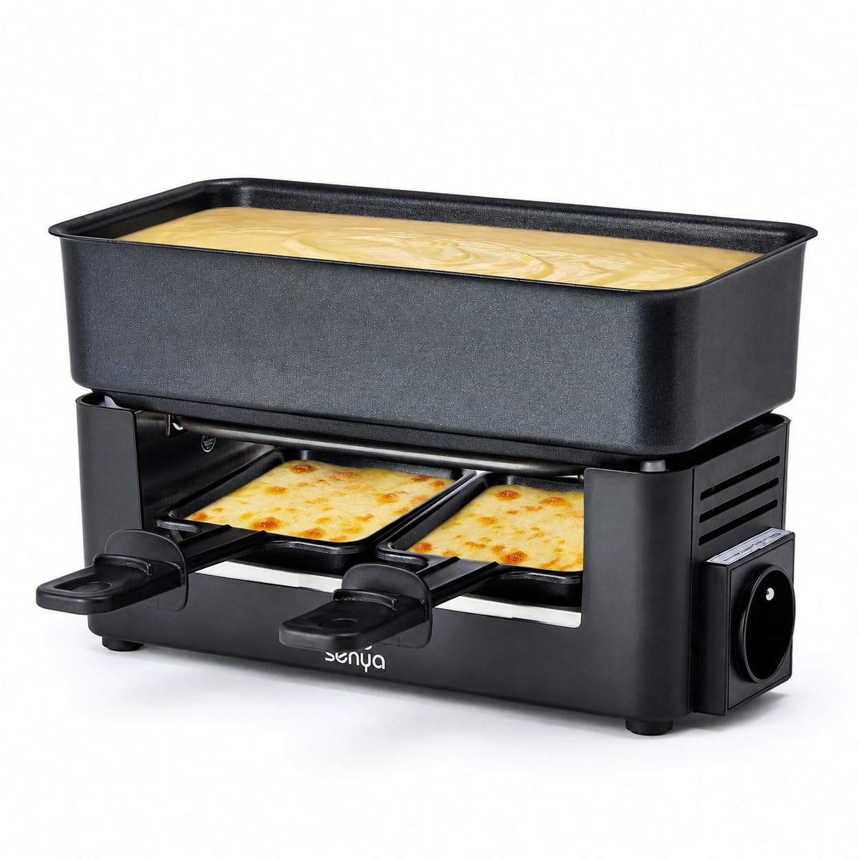 SENYA Fondue-Gerät für 2 Personen, kompakt, 2-in-1, 350 W | Anschließbares System, Grill 230 °C, antihaftbeschichtete Pfannen, für bis zu 8 Personen.