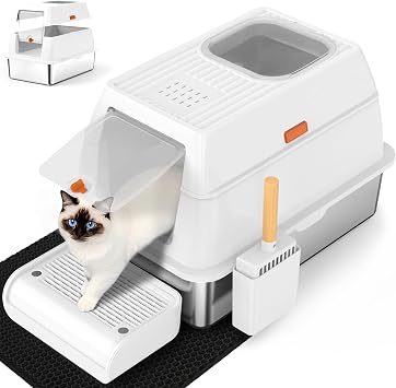SZEE XL Stainless Steel Litter Box with Lid, White