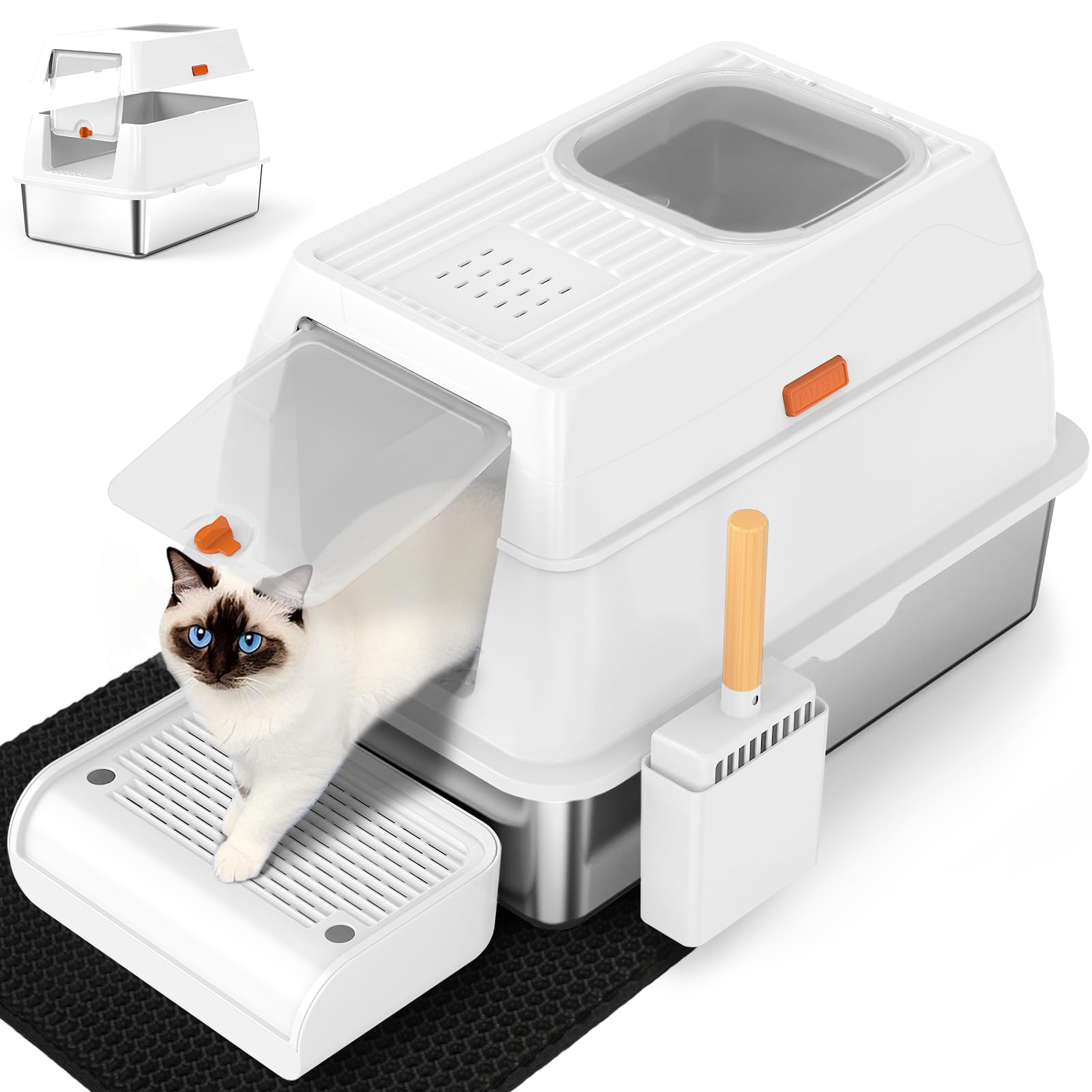 SZEE XL Stainless Steel Litter Box with Lid, Extra Large Metal Covered Litter Box, Stainless Box Easy Clean, Activated Charcoal Odor Control Design, Includes Litter Scoop & Mat & Step, White