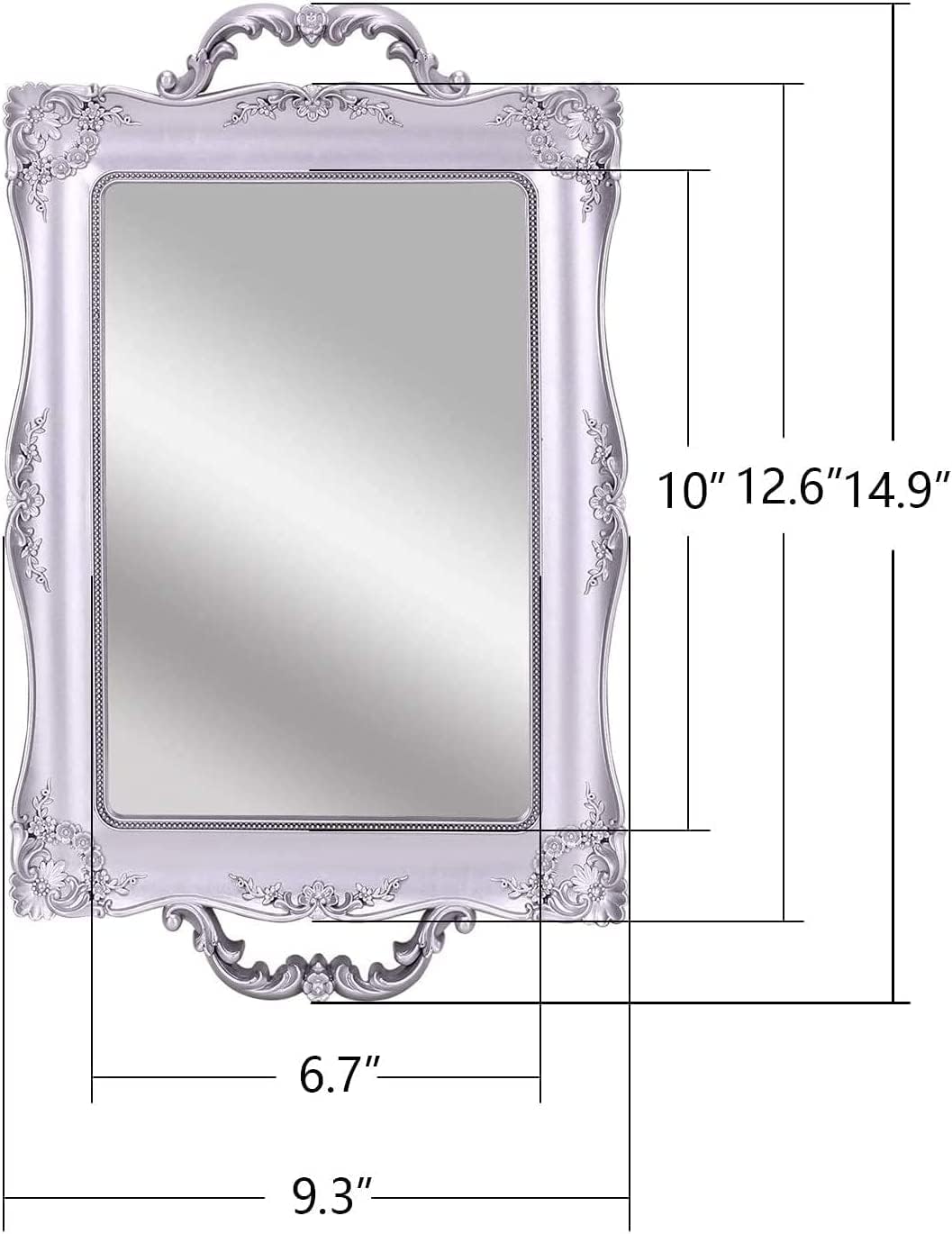 YANIZU Decorative Mirror Tray, Floral Vanity Organizer for Makeup, Jewelry, Perfume, Vintage Rectangular Display and Serving Tray for Dresser, Counter and Coffee Table, 9.5"x14.9", Silver Black - Image 7