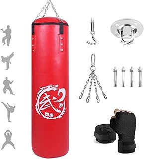 4FT Saco de Boxeo Set para Colgar - Material de Cuero PU, Sacos de Boxeo para Adultos, Artes Marciales, Kickboxing, Muay Thai, Entrenamiento de MMA, Saco de Arena para Boxeo y Fitness (sin Relleno)