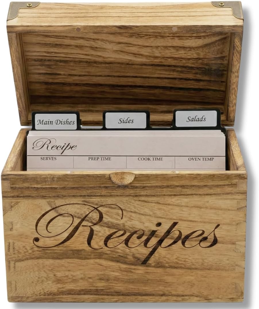 Wooden Recipe Box with Cards and Dividers - Large Rustic 4x6 Recipe Card Box, Wipe Clean Surface, Recipe Card Holder, 100 Double-Sided Cards, 20 Thick Dividers with Stickers, Charts, Complete Gift Set