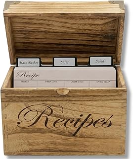 Wooden Recipe Box with Cards and Dividers - Large Rustic 4x6 Recipe Card Box, Wipe Clean Surface, Recipe Card Holder, 100 Double-Sided Cards, 20 Thick Dividers with Stickers, Charts, Complete Gift Set