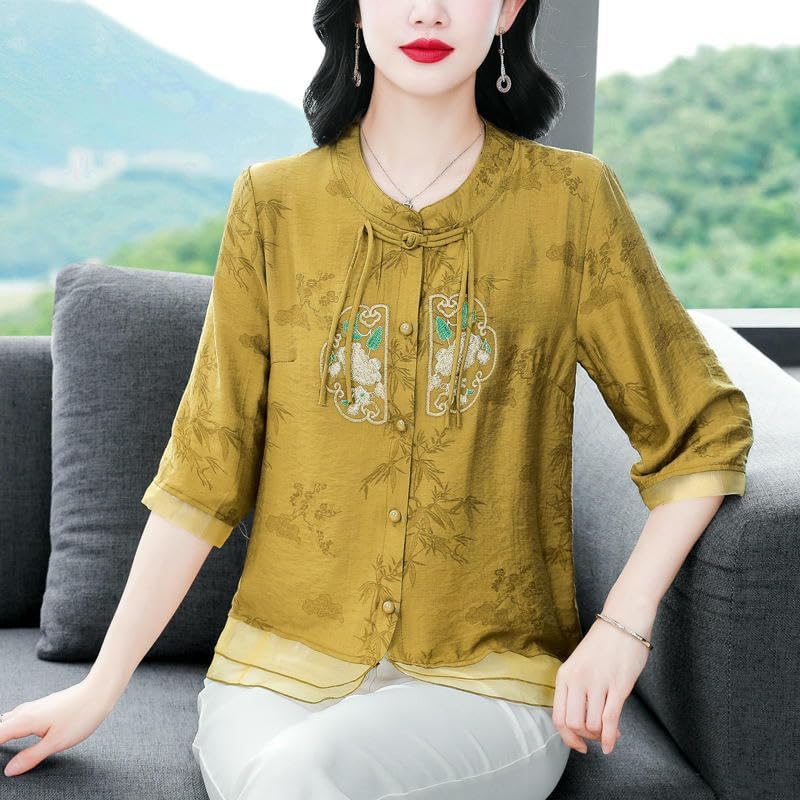 JYHBHMZG Women's Linen Cotton Chinese Style Embroidered Blouse Round Neck Top