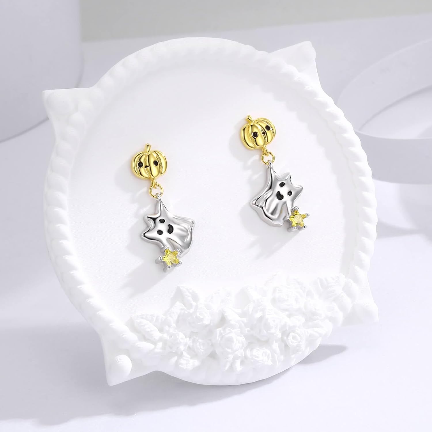 925 Sterling Silver Halloween Earrings Cute Pumpkin Ghost Stud Earrings Holiday Jewelry Gift for Women - Image 2