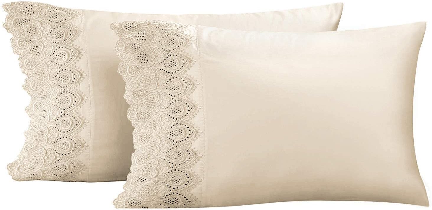 RENAURAA 600 Thread Count Cotton Rich, 2 Piece King Size Pillowcase Set, Lace Hem, Soft & Smooth Sateen Weave, Hotel Quality, Ivory