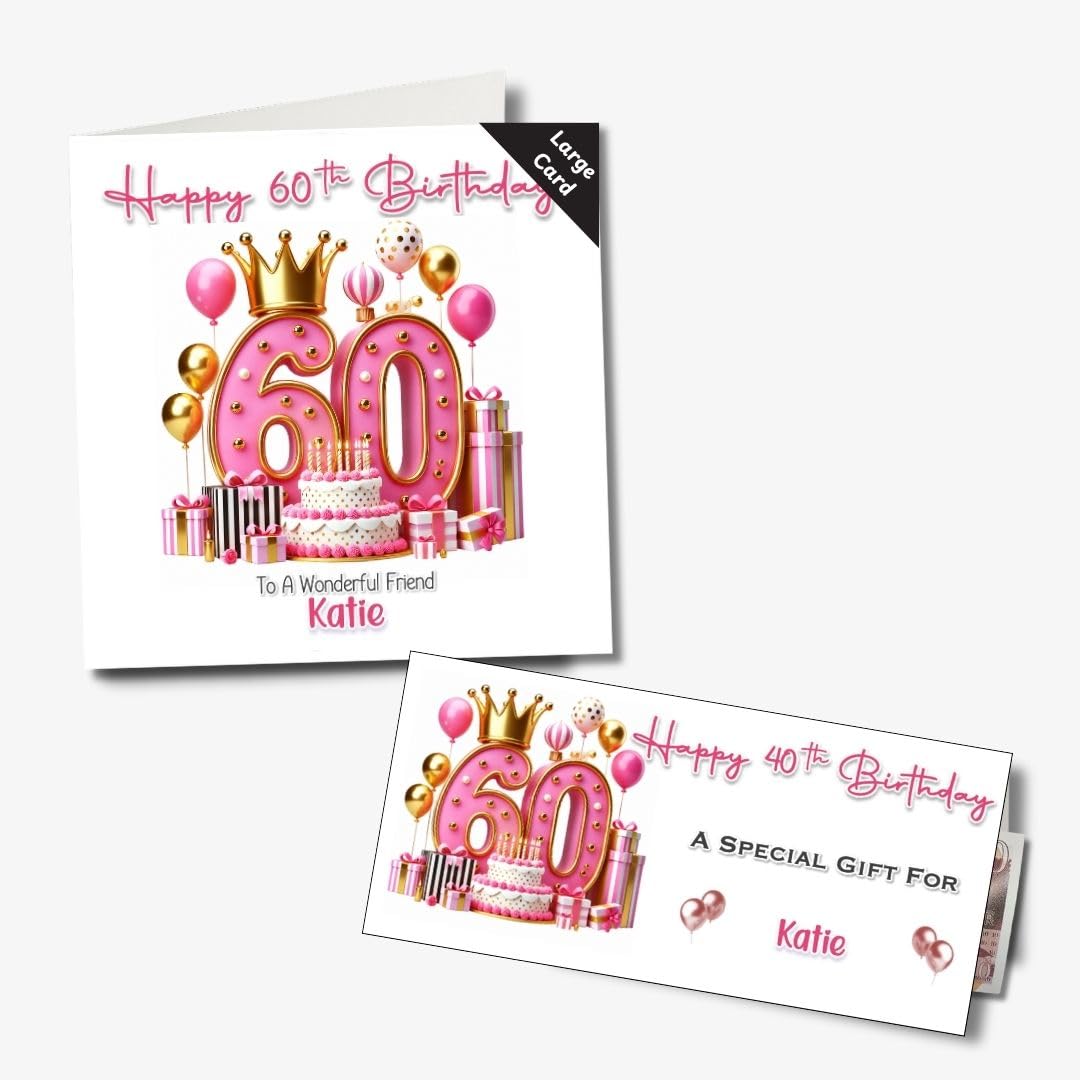 Personalised 60th Birthday Card for Daughter, Sister, Friend, Mum, Auntie, Pink and Gold Design, Blank Inside, with Optional Matching Badge and Money Wallet (Large Card & Money Wallet)