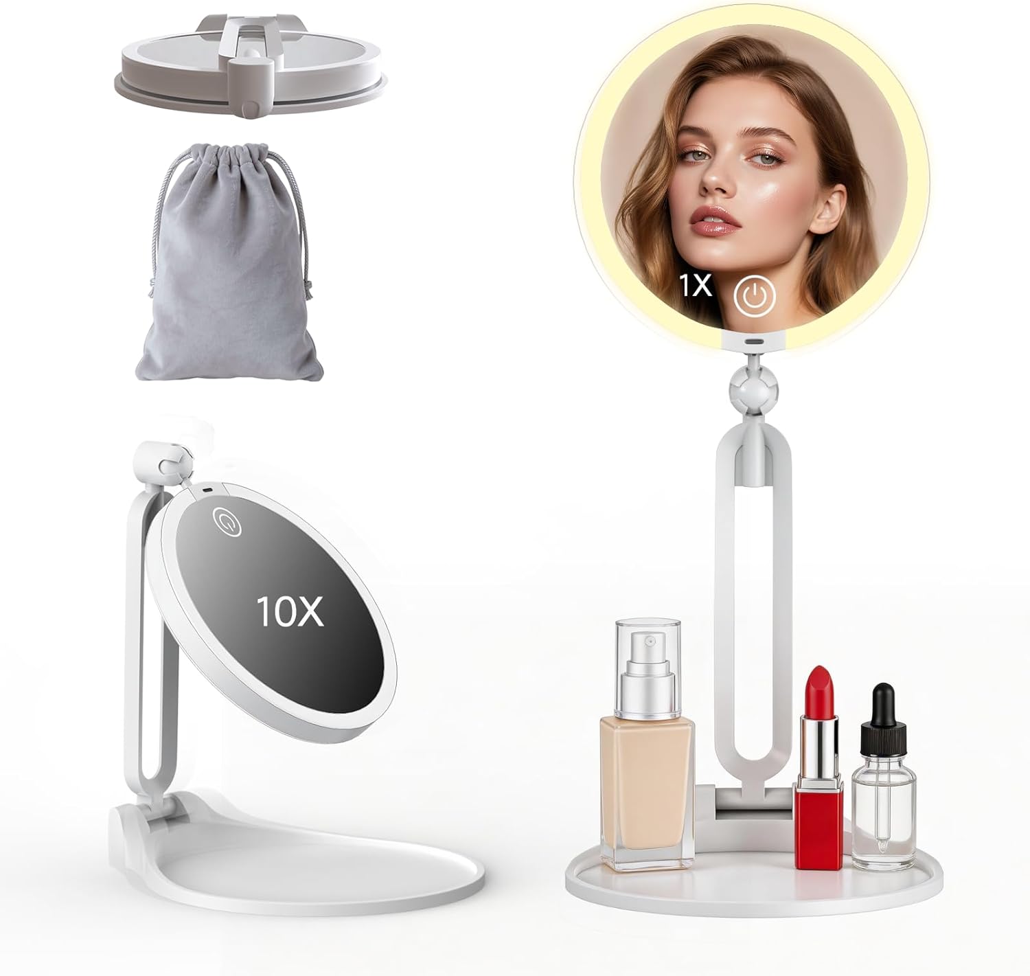10X/1X Travel Makeup Mirror with Lights, Double-Sided Magnifying Mirror with 3 Colors Dimming Lighting, Foldable Lighted travel mirror for Desk & Travel, 360°Angle Adjustable, 2000mAh (10x-white)