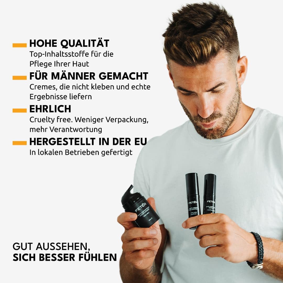 FETEN Skincare Geschenkset Männer - Anti-Aging Pflege Set mit Gesichtscreme Anti-Falten, Augencreme gegen Augenringe & Vitamin C Serum - Kosmetik & Gesichtspflege Männer