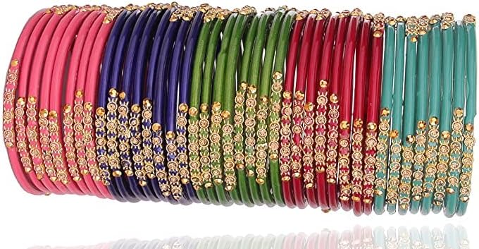 NMII Glass with Zircon Gemstone and Beads Studded Glossy Finished Bangles Set for Women and Girls,(Multicolour-G387_2.8 Inches) Pack Of 40 Bangle Set