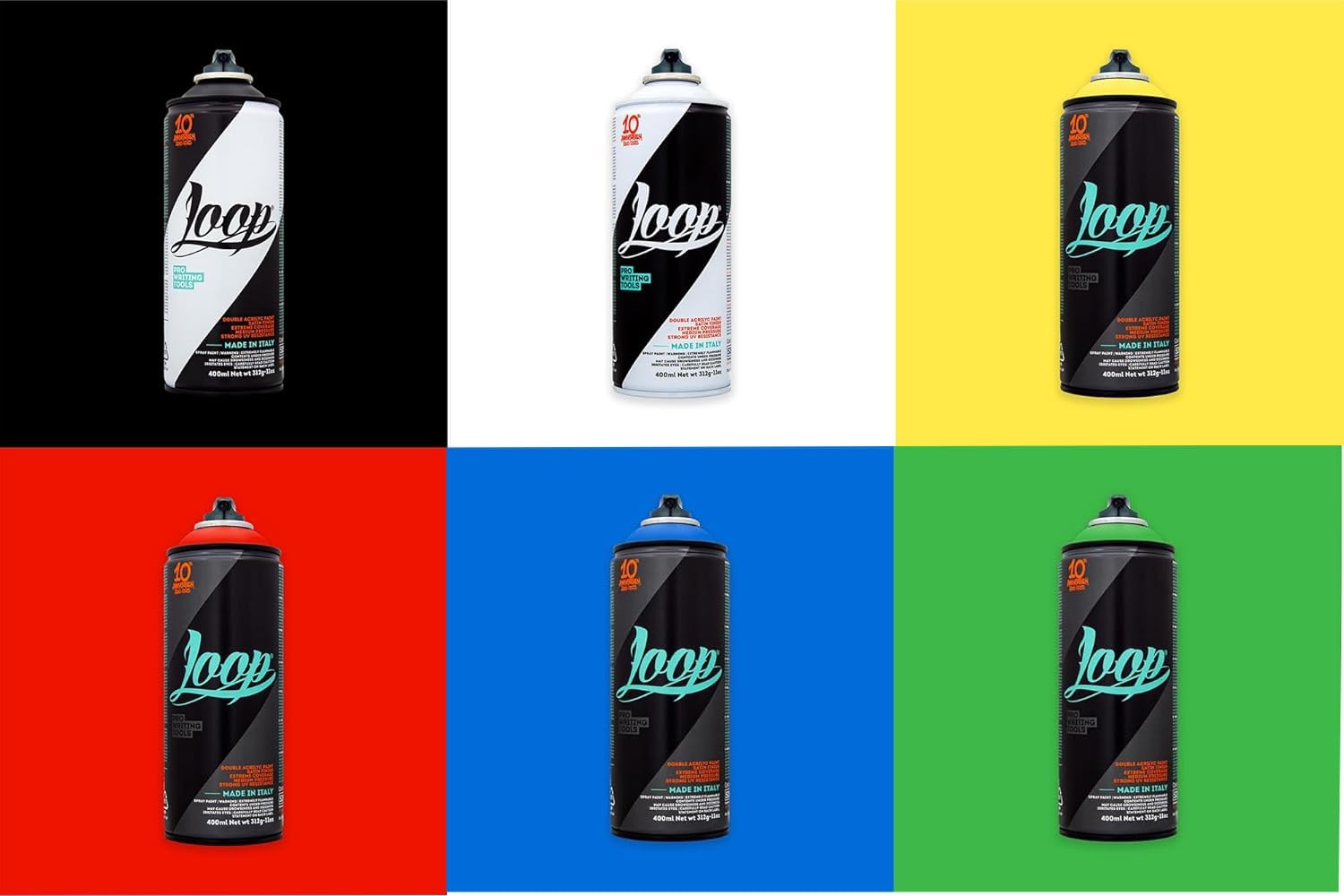 Loop Colors Grundfarben Sprühdosen Set 6x400ml + Schwarz & Weiß - Profi Acryl Spraydosen für Graffiti, Street Art & DIY – Hochdeckend, Schnelltrocknend