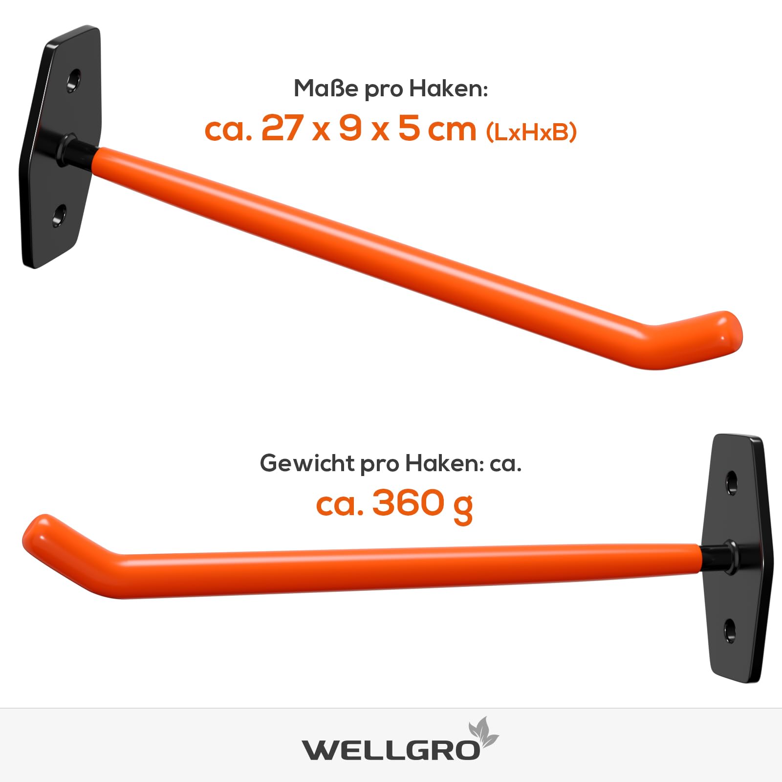 WELLGRO 4X Supporto Da Parete Per Pneumatici, Con Viti E Tasselli In Metallo, Staffa Con Rivestimento In Gomma, Circa 27 X 9 X 5 Cm, Arancione