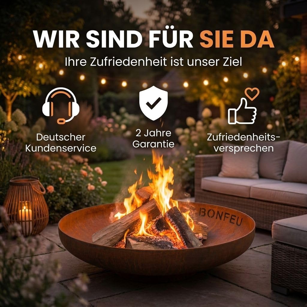 BonFeu BonBowl Feuerschale 80 cm - Feuerschalen für den Garten - Feuerstelle Outdoor - Feuerschale mit Opt. Grillrost aus hochwertigem Cortenstahl - Feuerkorb für den Garten - 80x80x21 cm