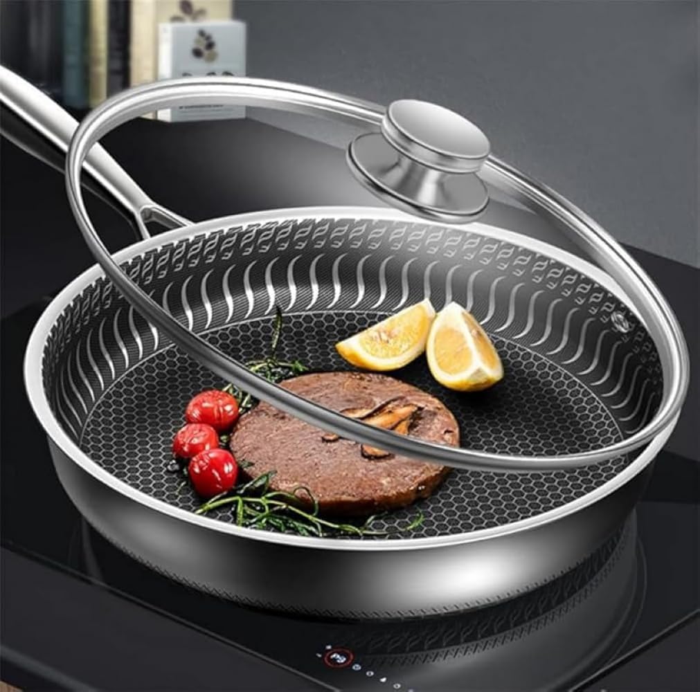 Zxyler 中華料理用無コーティングステンレス鍋 蜂の巣構造で高熱効率 中華炒め鍋・フライパンとして活用 蓋付き・IH・ガス対応