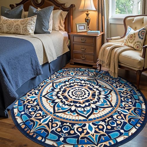 Tapete redondo boho azul navy lavable 7 pies miniatura 2