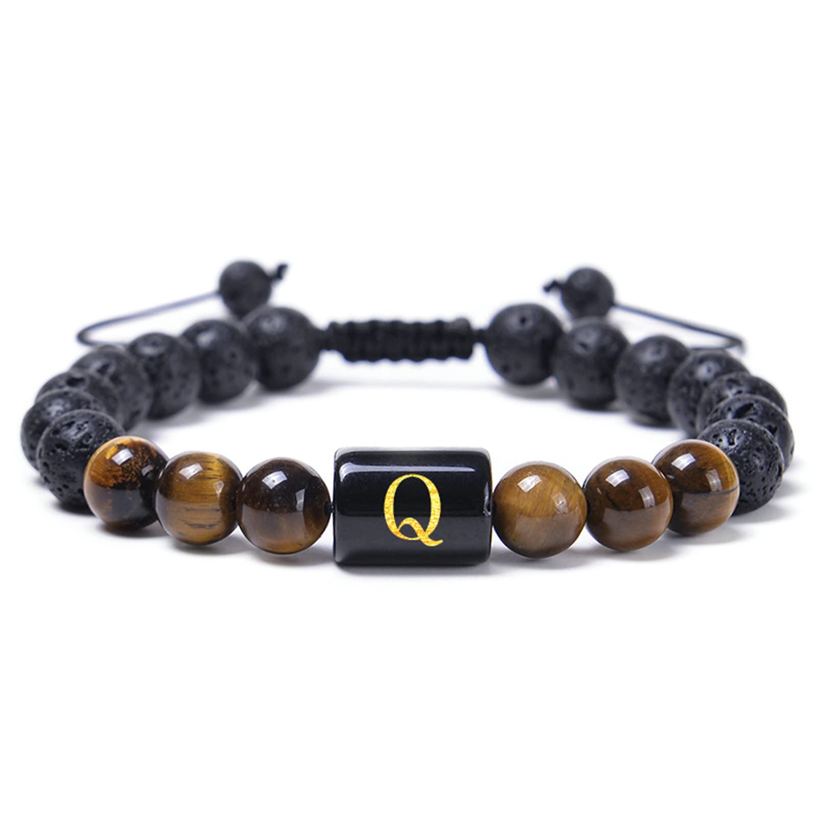 Pulsera difusora de aceites Esenciales Roca de Lava, Piedra de Lava Pulsera de Piedra de Ojo de Tigre con Letra AZ Pulseras Ajustables para Mujer 29,2 CM